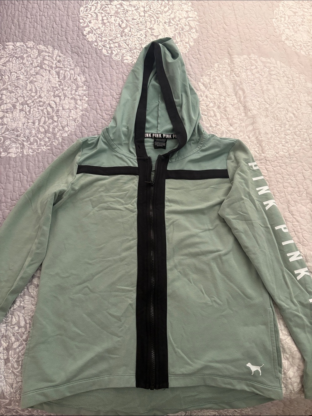 PINK Victoria's Secret Sage Green Hooded Light Sweater with Black Trim.